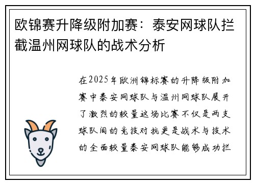 欧锦赛升降级附加赛：泰安网球队拦截温州网球队的战术分析